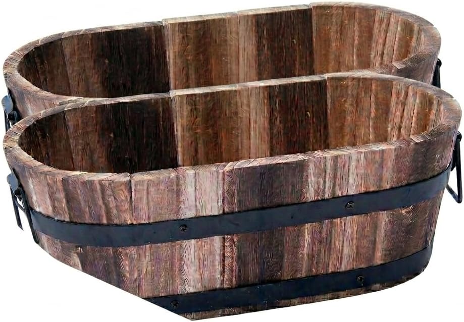Rustic Round Burnt Wood Whiskey Barrel Planter – Outdoor Wooden Garden Plant Pot