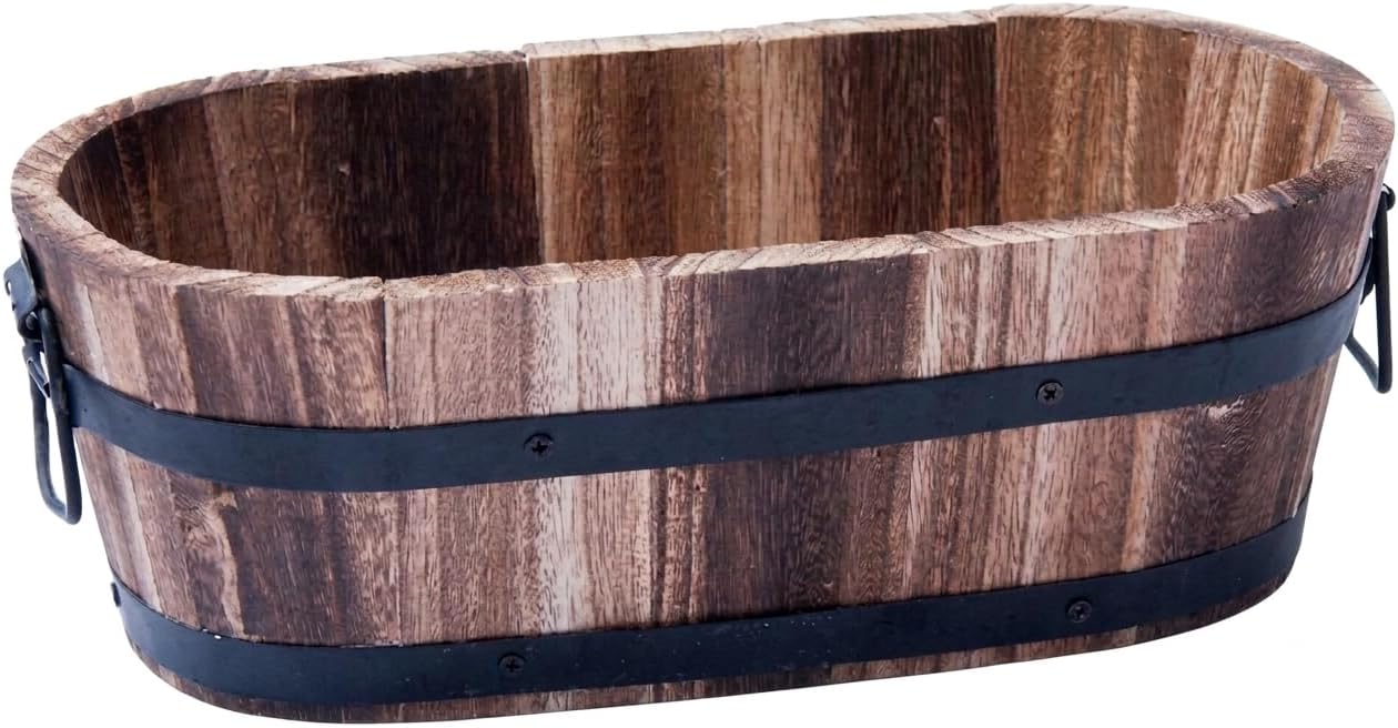 Rustic Round Burnt Wood Whiskey Barrel Planter – Outdoor Wooden Garden Plant Pot