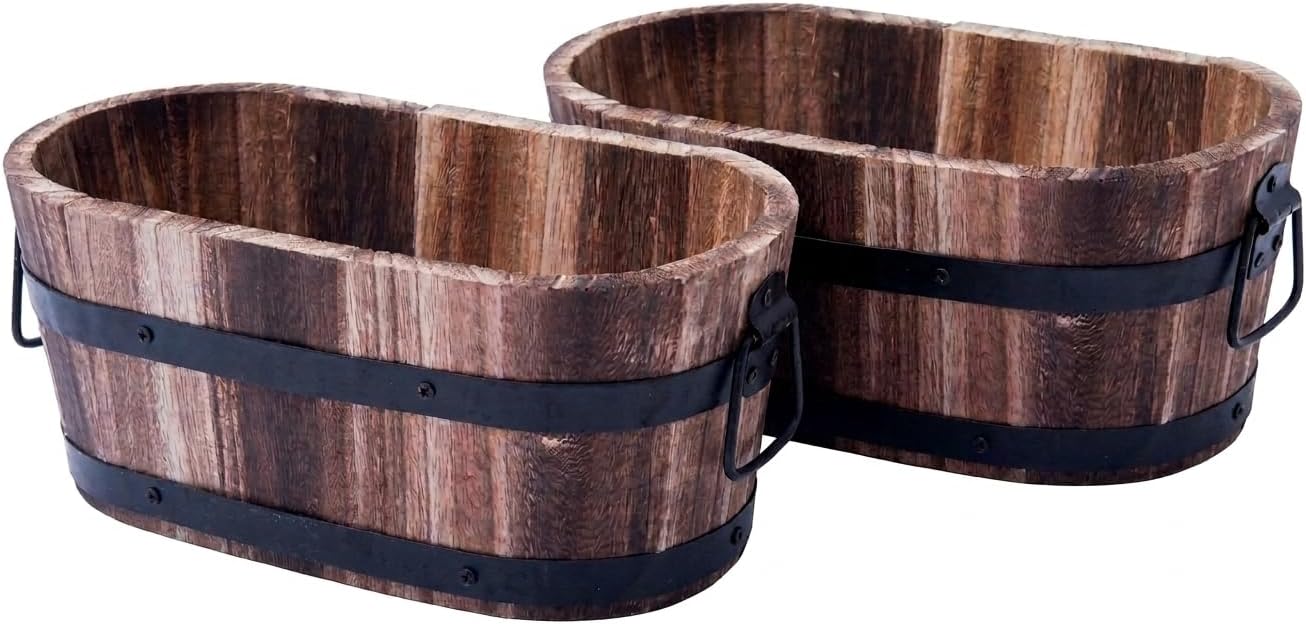 Rustic Round Burnt Wood Whiskey Barrel Planter – Outdoor Wooden Garden Plant Pot