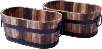 Rustic Round Burnt Wood Whiskey Barrel Planter – Outdoor Wooden Garden Plant Pot