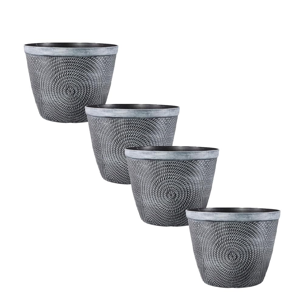 Round Grey Plastic Spiral Plant Pot – Glossy Modern Indoor & Outdoor Planter with Drainage Holes | Frost Proof Decorative Garden Flower Pot for Patio, Balcony & Home