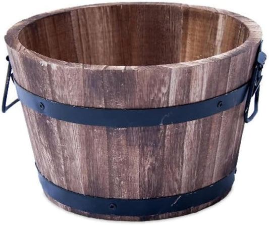 Rustic Round Burnt Wood Whiskey Barrel Planter – Outdoor Wooden Garden Plant Pot