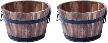 Rustic Round Burnt Wood Whiskey Barrel Planter – Outdoor Wooden Garden Plant Pot