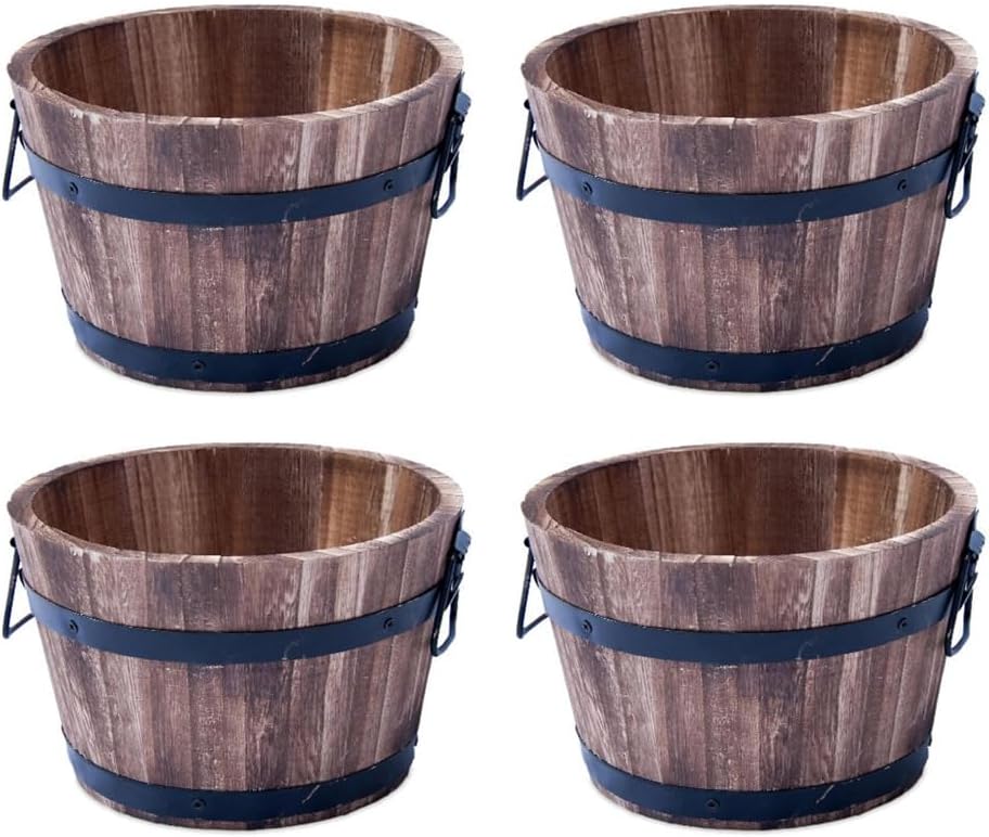 Rustic Round Burnt Wood Whiskey Barrel Planter – Outdoor Wooden Garden Plant Pot