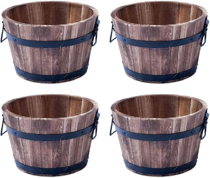 Rustic Round Burnt Wood Whiskey Barrel Planter – Outdoor Wooden Garden Plant Pot