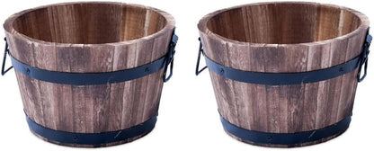 Rustic Round Burnt Wood Whiskey Barrel Planter – Outdoor Wooden Garden Plant Pot