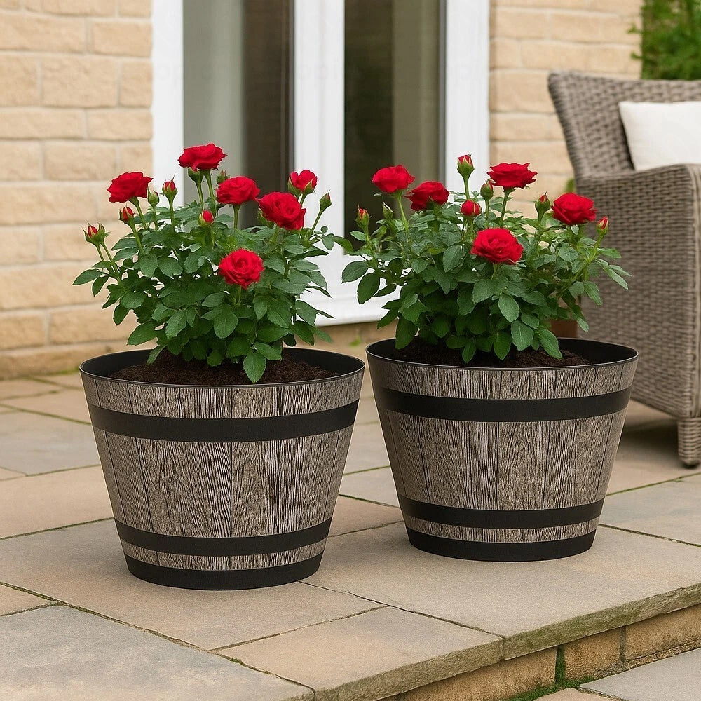 Plastic Whiskey Barrel Planter, Brown Ash 4L Capacity-Outdoor Garden Decor Plant Pot