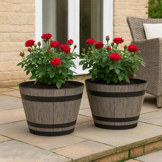 Plastic Whiskey Barrel Planter, Brown Ash 4L Capacity-Outdoor Garden Decor Plant Pot