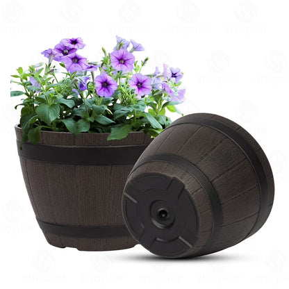 Plastic Whiskey Barrel Planter, Brown Ash 4L Capacity-Outdoor Garden Decor Plant Pot