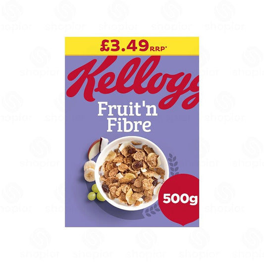 Kellogg's Fruit 'n Fibre Breakfast Cereal 6 x 500g | High Fibre Whole Wheat Flakes with Fruit & Hazelnuts | B Vitamins, Vitamin D & Iron