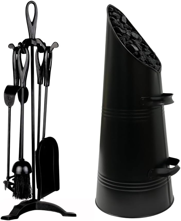 Black Cast Iron Fireplace Companion Tool Set with Log Coal Bucket & Scuttle Hod | 5 Piece Fireside Set | Heavy Duty Vintage Firewood Holder, Stove & Open Fire