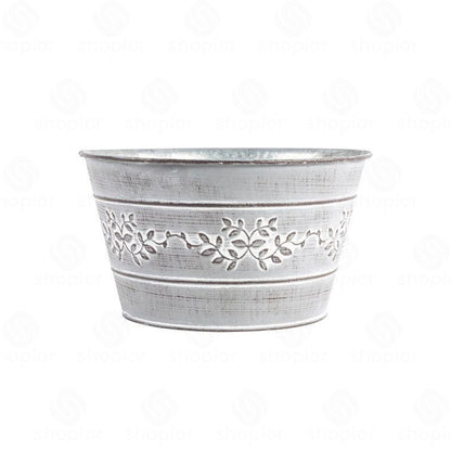 Leafy Vine Tin Trough 24cm – Rustic Zinc Oval Planter with Leaf Design Flower Pot