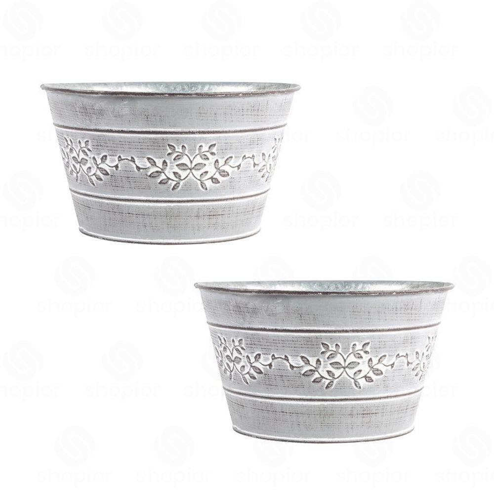 Leafy Vine Tin Trough 24cm – Rustic Zinc Oval Planter with Leaf Design Flower Pot