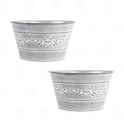 Leafy Vine Tin Trough 24cm – Rustic Zinc Oval Planter with Leaf Design Flower Pot