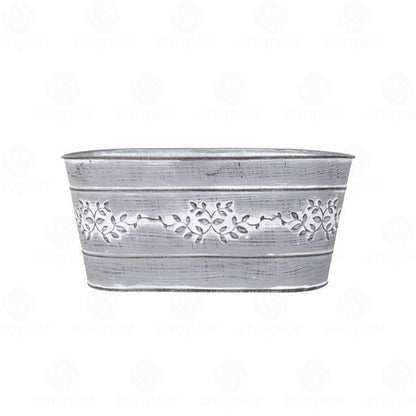 Leafy Vine Tin Trough 24cm – Rustic Zinc Oval Planter with Leaf Design Flower Pot