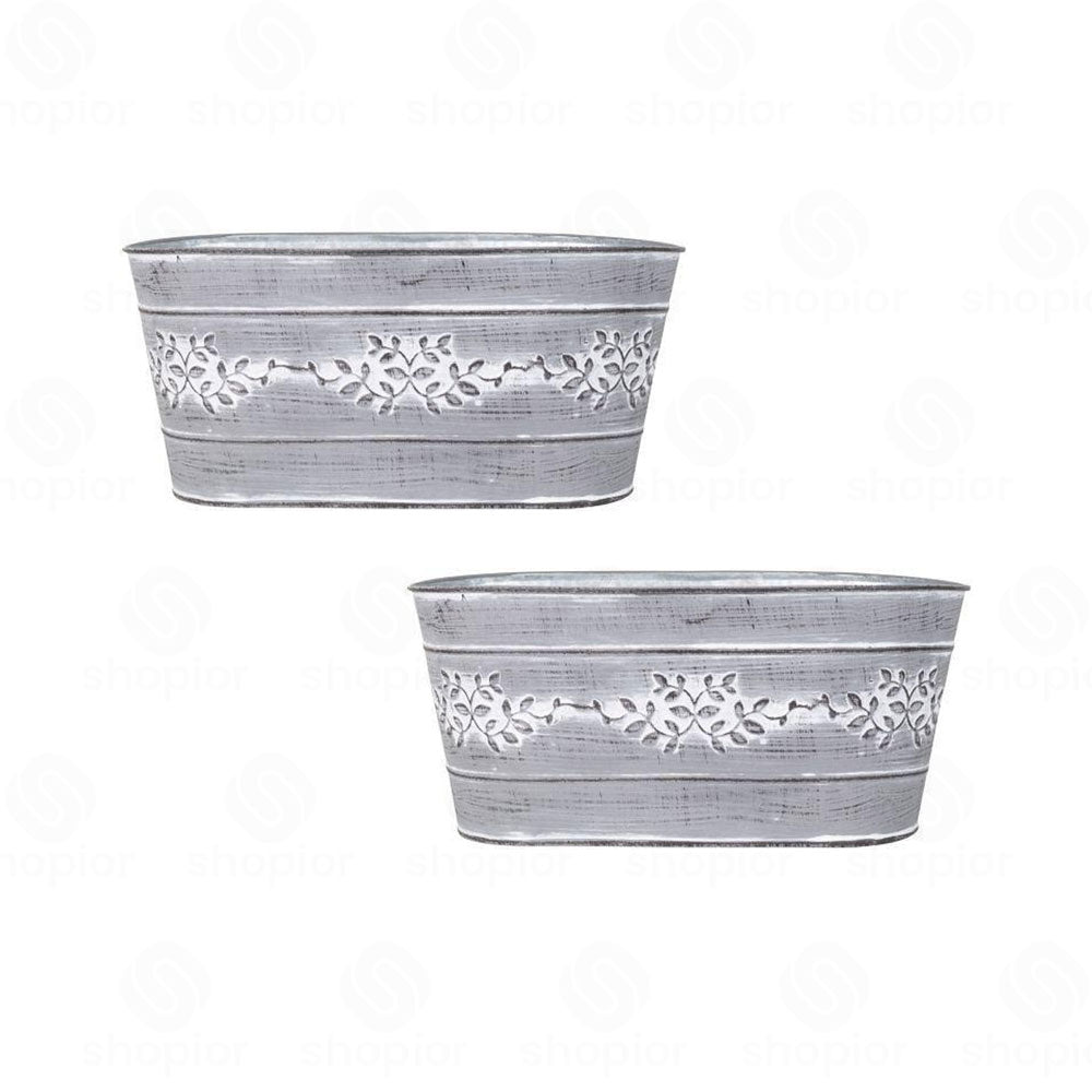 Leafy Vine Tin Trough 24cm – Rustic Zinc Oval Planter with Leaf Design Flower Pot
