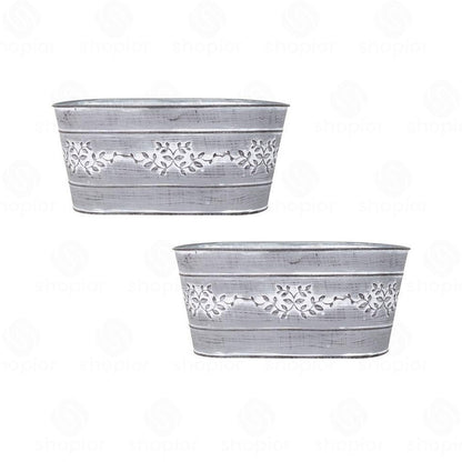 Leafy Vine Tin Trough 24cm – Rustic Zinc Oval Planter with Leaf Design Flower Pot