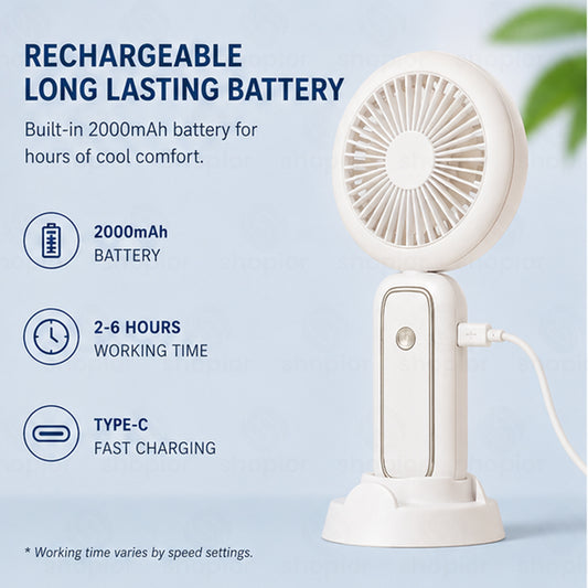 Handheld Fan with Light | USB-C Rechargeable Portable Mini Desk Fan with 15 LED Lights