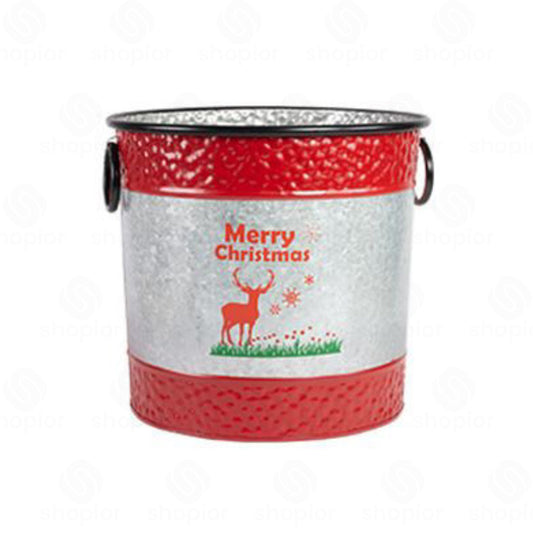 Merry Christmas Metal Drum Planter 33cm with Handles | Festive Tree & Stag Plant Pot