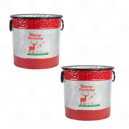 Merry Christmas Metal Drum Planter 33cm with Handles | Festive Tree & Stag Plant Pot