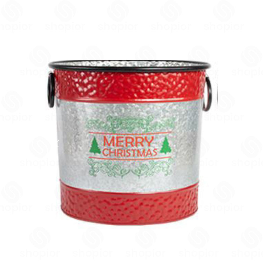 Merry Christmas Metal Drum Planter 33cm with Handles | Festive Tree & Stag Plant Pot
