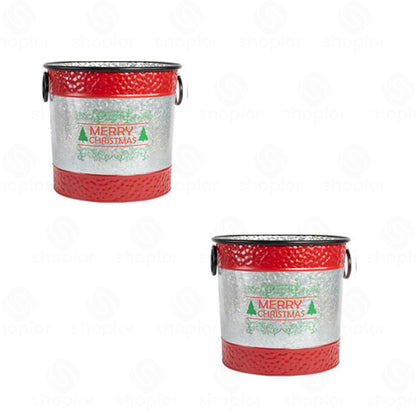Merry Christmas Metal Drum Planter 33cm with Handles | Festive Tree & Stag Plant Pot