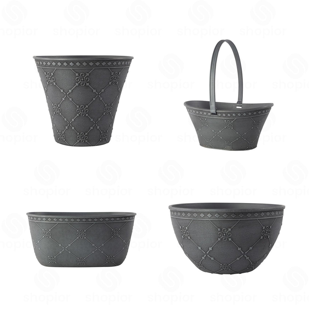 Nouveau Round Planter, Bowl, Trough & Garden Trug Collection – Indoor Outdoor Grey Plastic Plant Pots