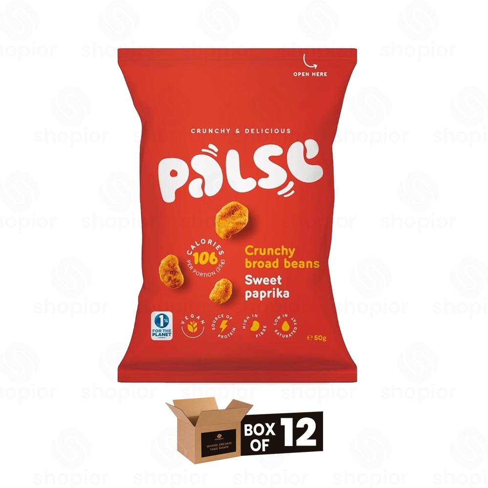 PALSE Sweet Paprika Crunchy Broad Bean Snacks – Healthy, High Fibre, Low Fat, Low Calorie (Case of 12 x 50g)