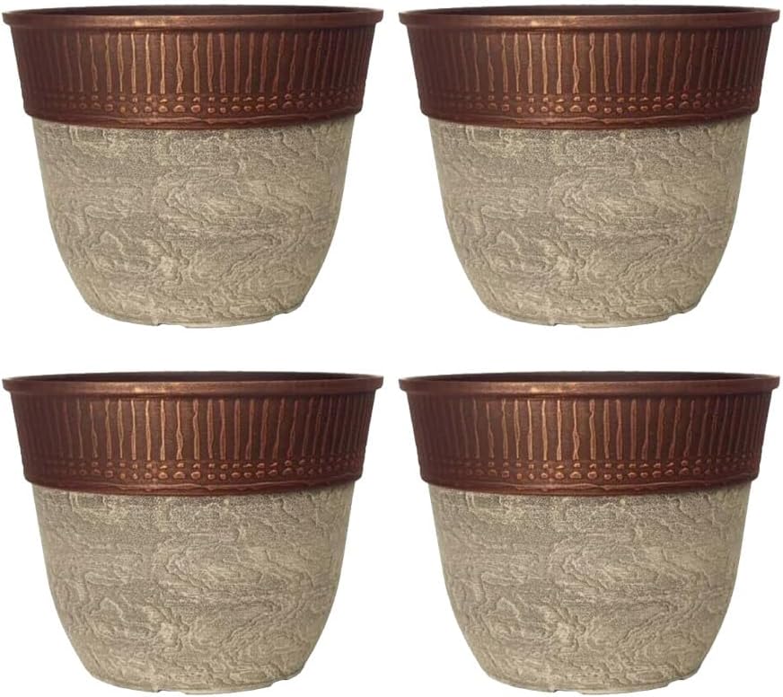 Stone Look Plastic Plant Pot – Large Round Outdoor Garden Rim Design Planter