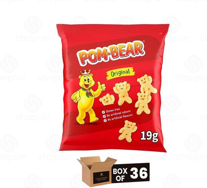 Pom Bear Original Crisps | Fun Bear Shaped Potato Snacks, Low Calorie Kids Snacks | Vegetarian Crunchy Lunchbox Treats, Flavoured Party Snacks for All Ages - 36 x 19g Case