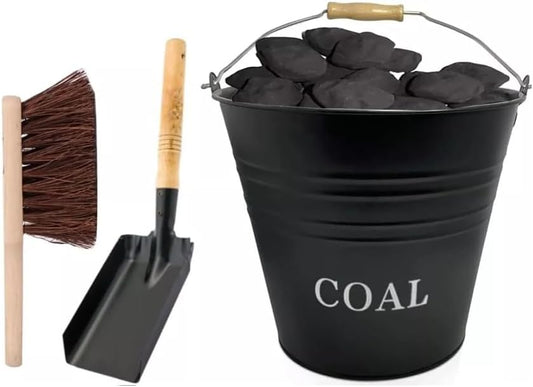 Steel Coal Holder with Wooden Handle for Fireplace 12L with Lid, Brush & Shovel