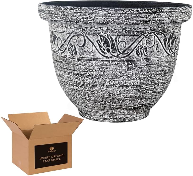Round Garden Plant Pot – Outdoor Flower Planter with Drainage Holes | Weatherproof Bell Shape Plant Container | Woven Design Decorative Plastic Pot for Garden, Balcony 8.5L