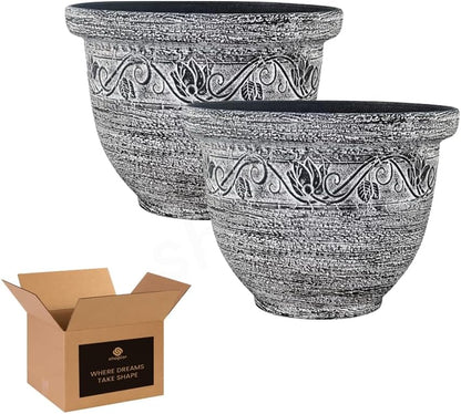 Round Garden Plant Pot – Outdoor Flower Planter with Drainage Holes | Weatherproof Bell Shape Plant Container | Woven Design Decorative Plastic Pot for Garden, Balcony 8.5L