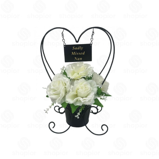 Memorial Grave Planter Flower Holder – Black Metal Cemetery Decoration with Sadly Missed Plaque