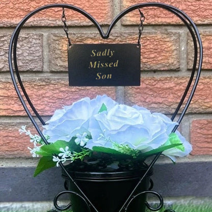 Memorial Grave Planter Flower Holder – Black Metal Cemetery Decoration with Sadly Missed Plaque