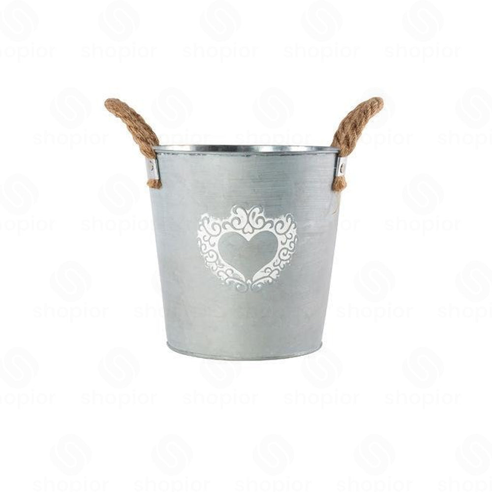 Silver Zinc Galvanised Metal Plant Pots – Rustic Heart Print Trough & Pail Planters with Rope Handles
