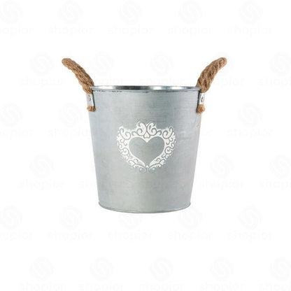 Silver Zinc Galvanised Metal Plant Pots – Rustic Heart Print Trough & Pail Planters with Rope Handles