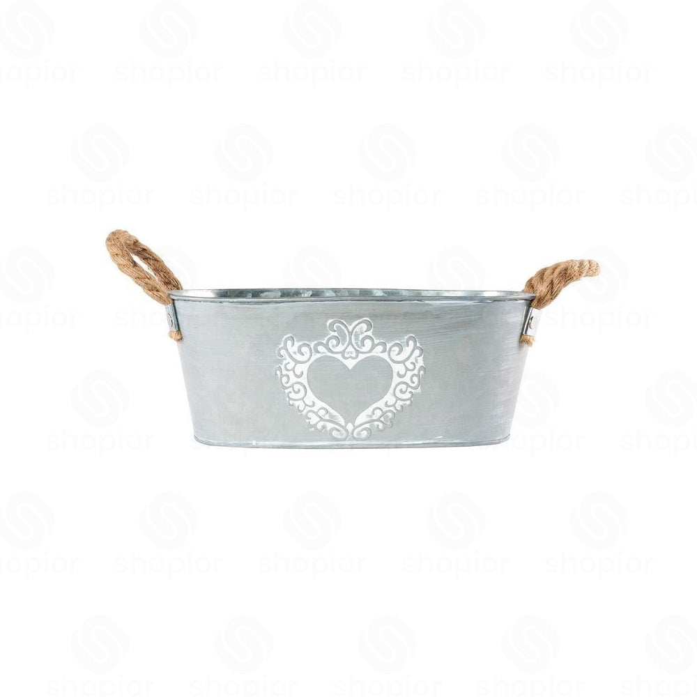 Silver Zinc Galvanised Metal Plant Pots – Rustic Heart Print Trough & Pail Planters with Rope Handles