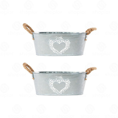 Silver Zinc Galvanised Metal Plant Pots – Rustic Heart Print Trough & Pail Planters with Rope Handles