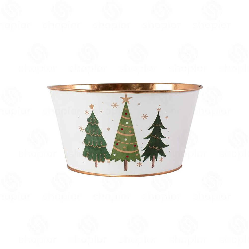 Christmas Tree Metal Planter Bucket with Gold Rim | White Festive Tin Pail, Bowl