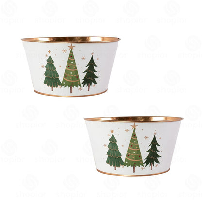 Christmas Tree Metal Planter Bucket with Gold Rim | White Festive Tin Pail, Bowl