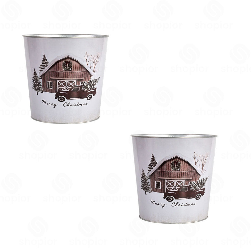 Merry Christmas Metal Planter Collection | Vintage Farmhouse Tin Pail & Tin Bowl | Festive Holiday Plant Pots