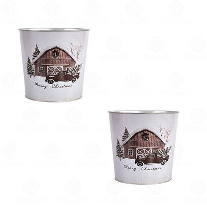 Merry Christmas Metal Planter Collection | Vintage Farmhouse Tin Pail & Tin Bowl | Festive Holiday Plant Pots