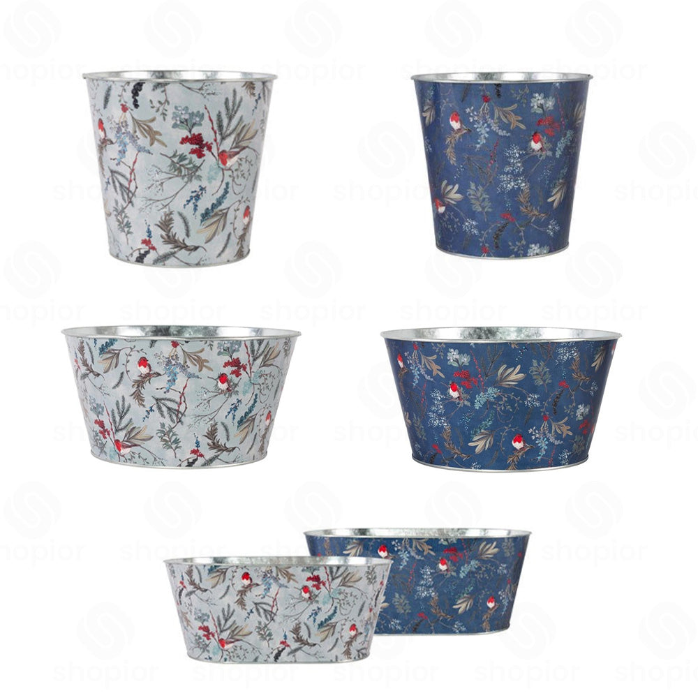 Christmas Robin Metal Planter Collection | Tin Pail, Bowl & Trough | White & Blue Xmas Theme
