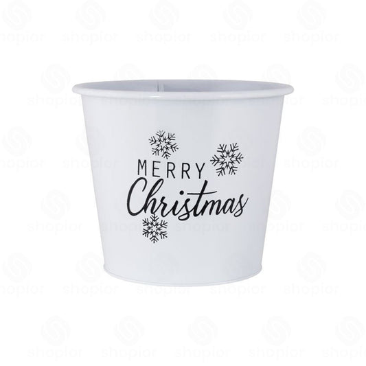 White Merry Christmas Tin Pail 19cm | Metal Christmas Planter, Holiday Gift Bucket & Festive Plant Pot