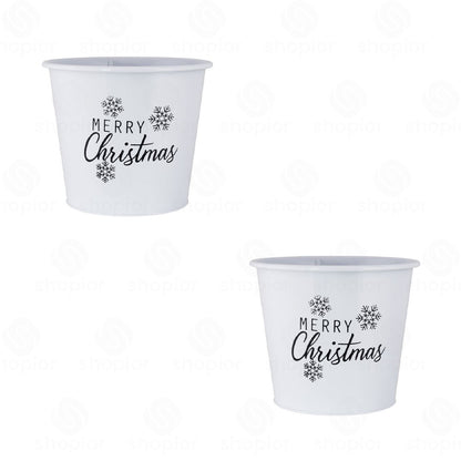 White Merry Christmas Tin Pail 19cm | Metal Christmas Planter, Holiday Gift Bucket & Festive Plant Pot
