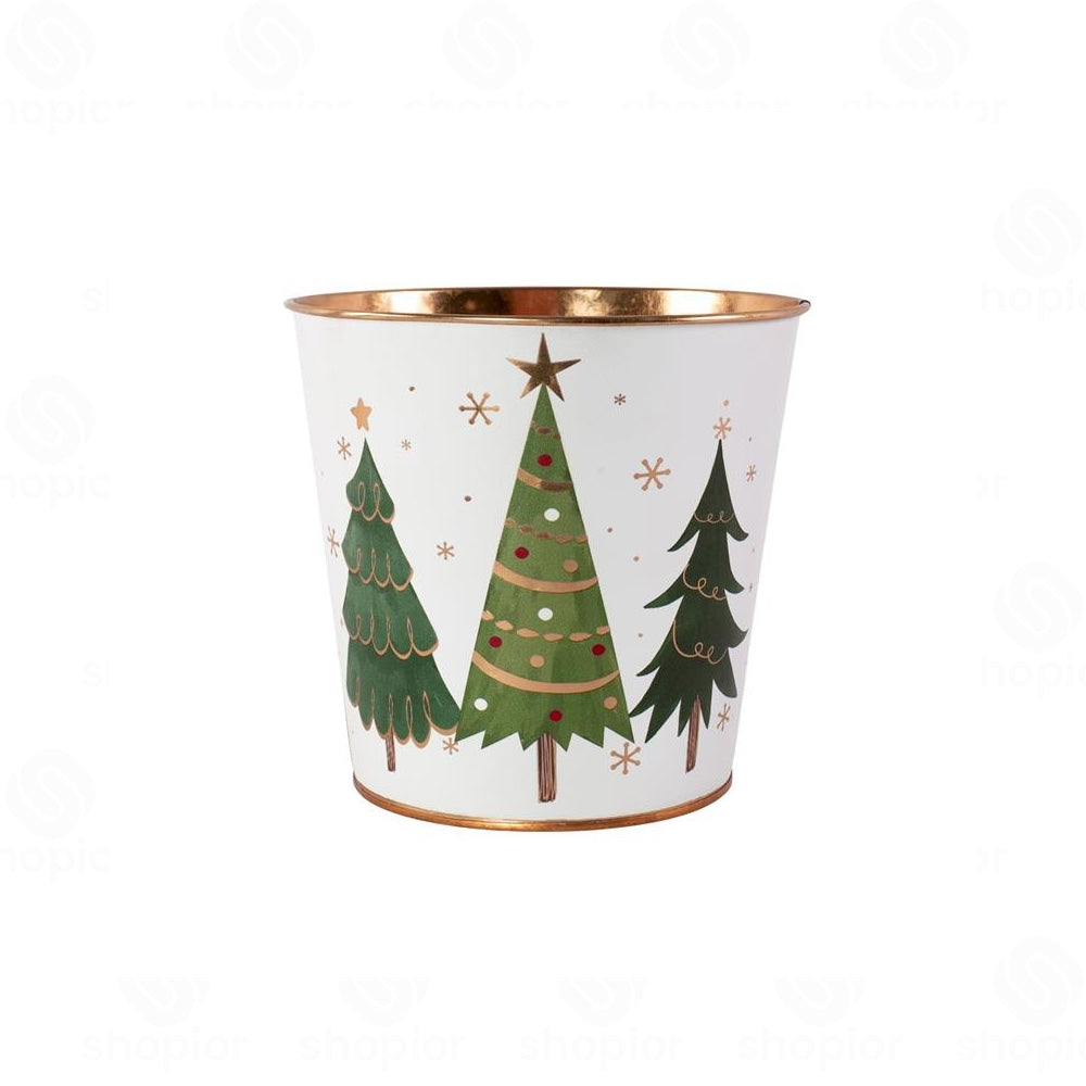 Christmas Tree Metal Planter Bucket with Gold Rim | White Festive Tin Pail, Bowl