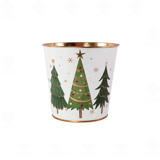 Christmas Tree Metal Planter Bucket with Gold Rim | White Festive Tin Pail, Bowl
