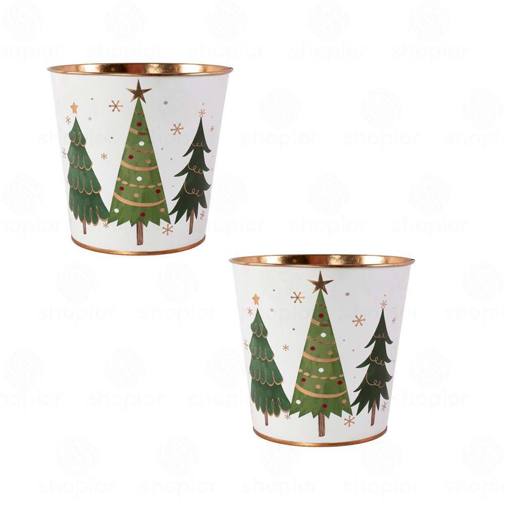 Christmas Tree Metal Planter Bucket with Gold Rim | White Festive Tin Pail, Bowl