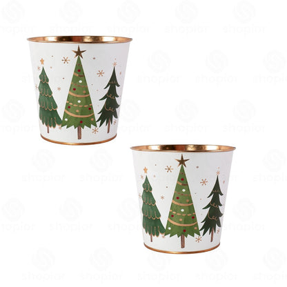 Christmas Tree Metal Planter Bucket with Gold Rim | White Festive Tin Pail, Bowl